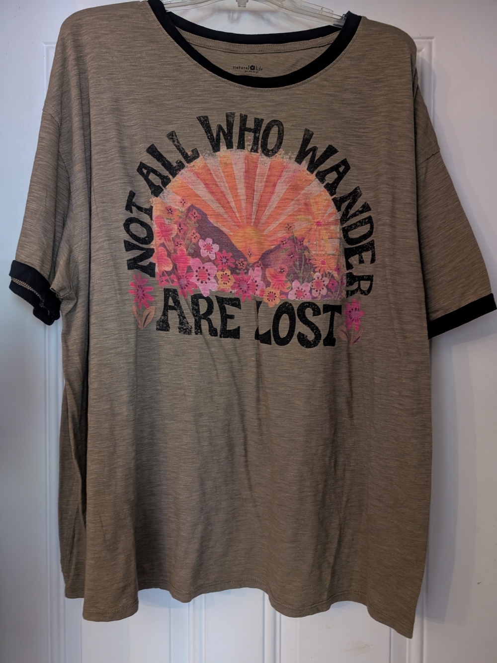 Natural Life Not All Who Wander Are Lost Graphic Tee -Beige with Pink Accent XXL